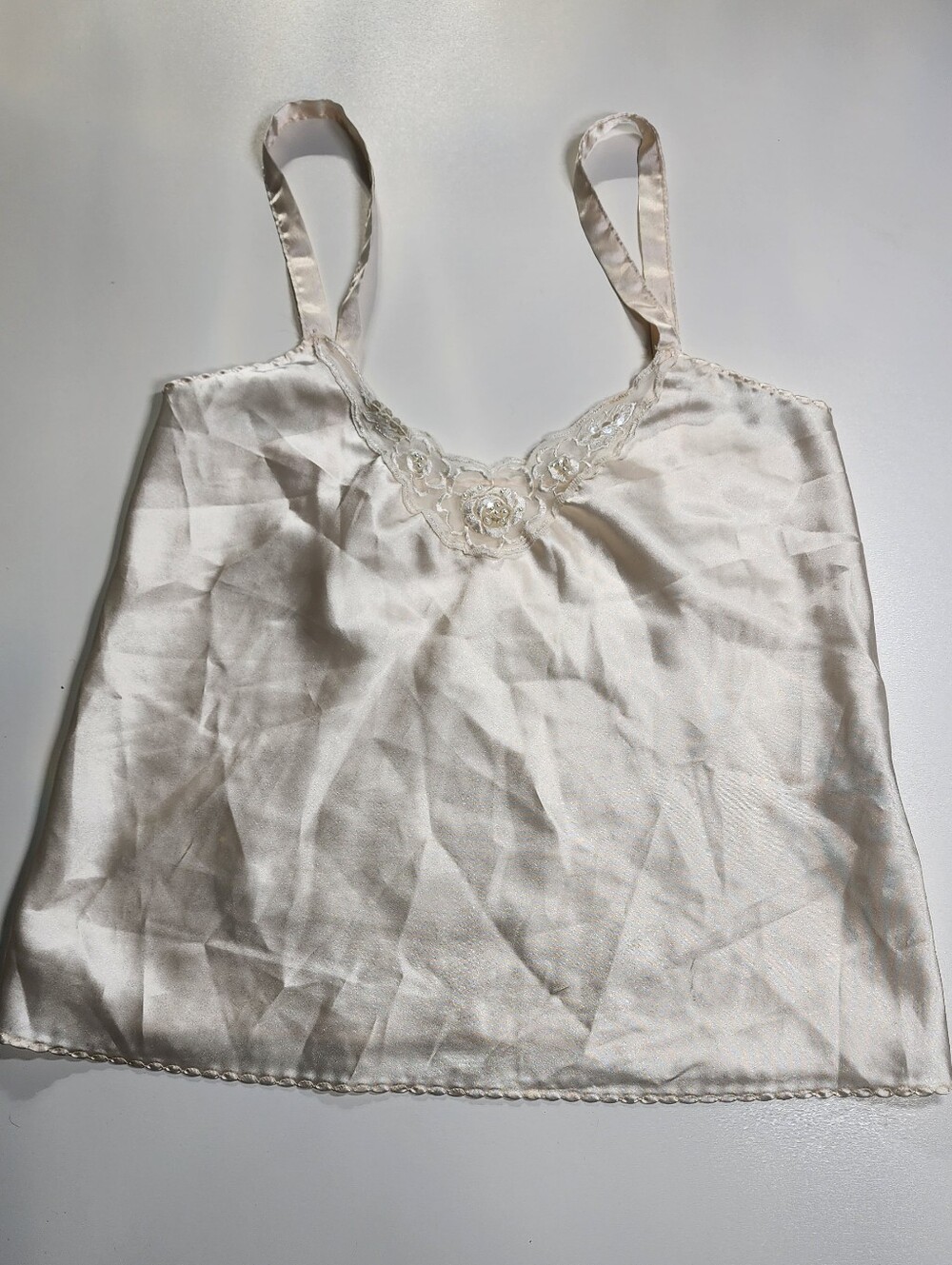 Vintage Body Chic Satin Camisole Small Ivory Lace Beaded USA Bridal Wedding